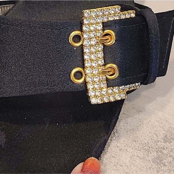 St. John Odessa Satin Mules, Crystal Buckle Black & Gold Heels | 8B - Picture 9 of 14